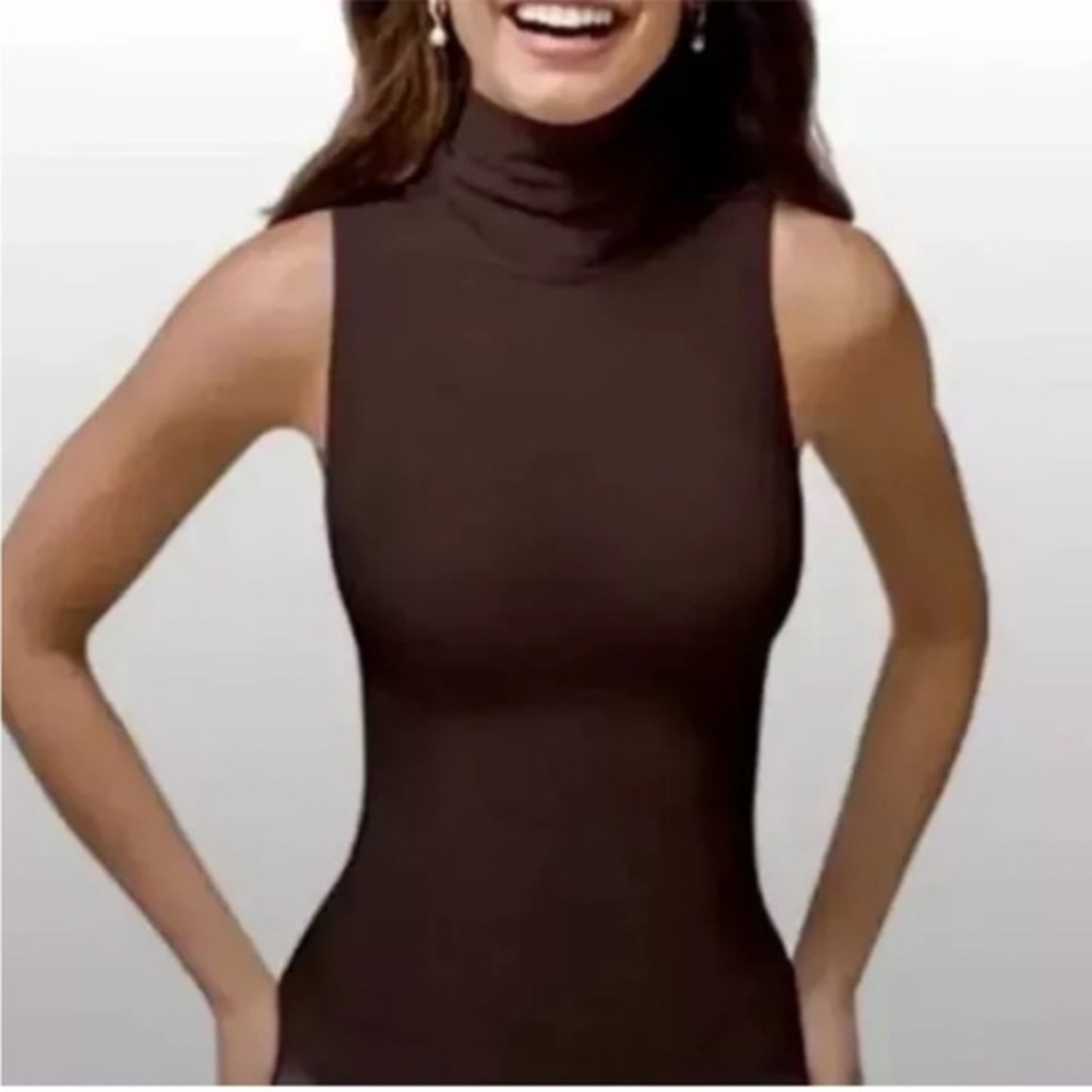 Spanx NWT On Top Sleeveless Turtleneck Top Sz Lg Ret $88 Bittersweet Black/Brown